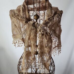 Floral Shimmery Crocheted Scarf With Crocheted Fringe